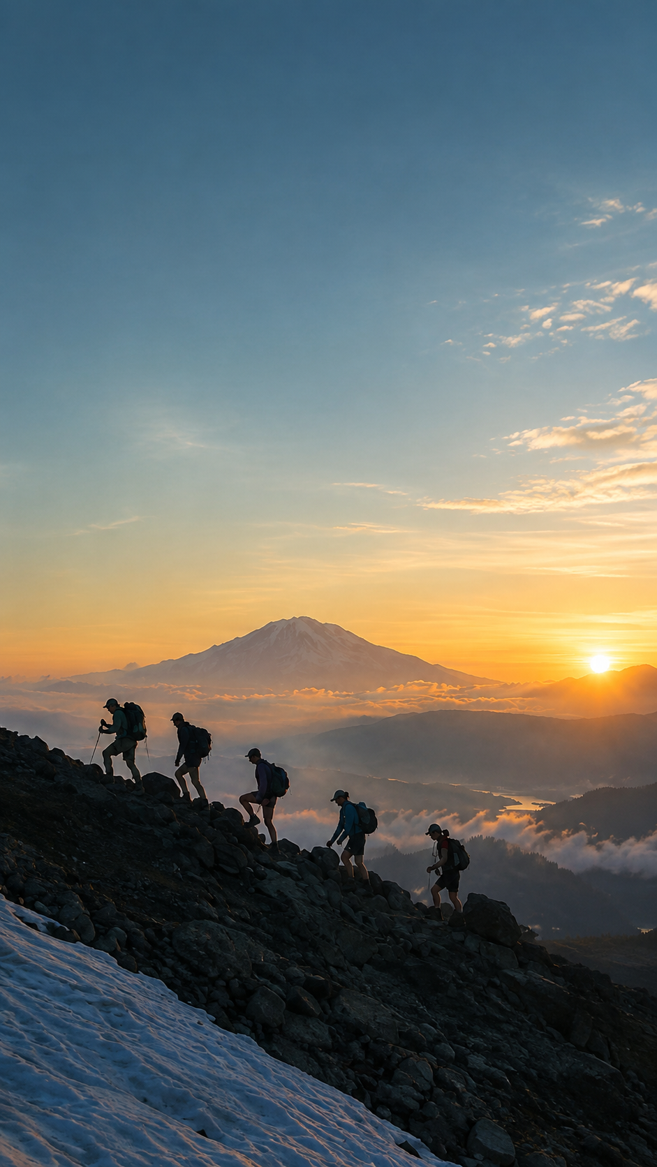 Mountaineers ascending ridge towards dawn above a sea of clouds